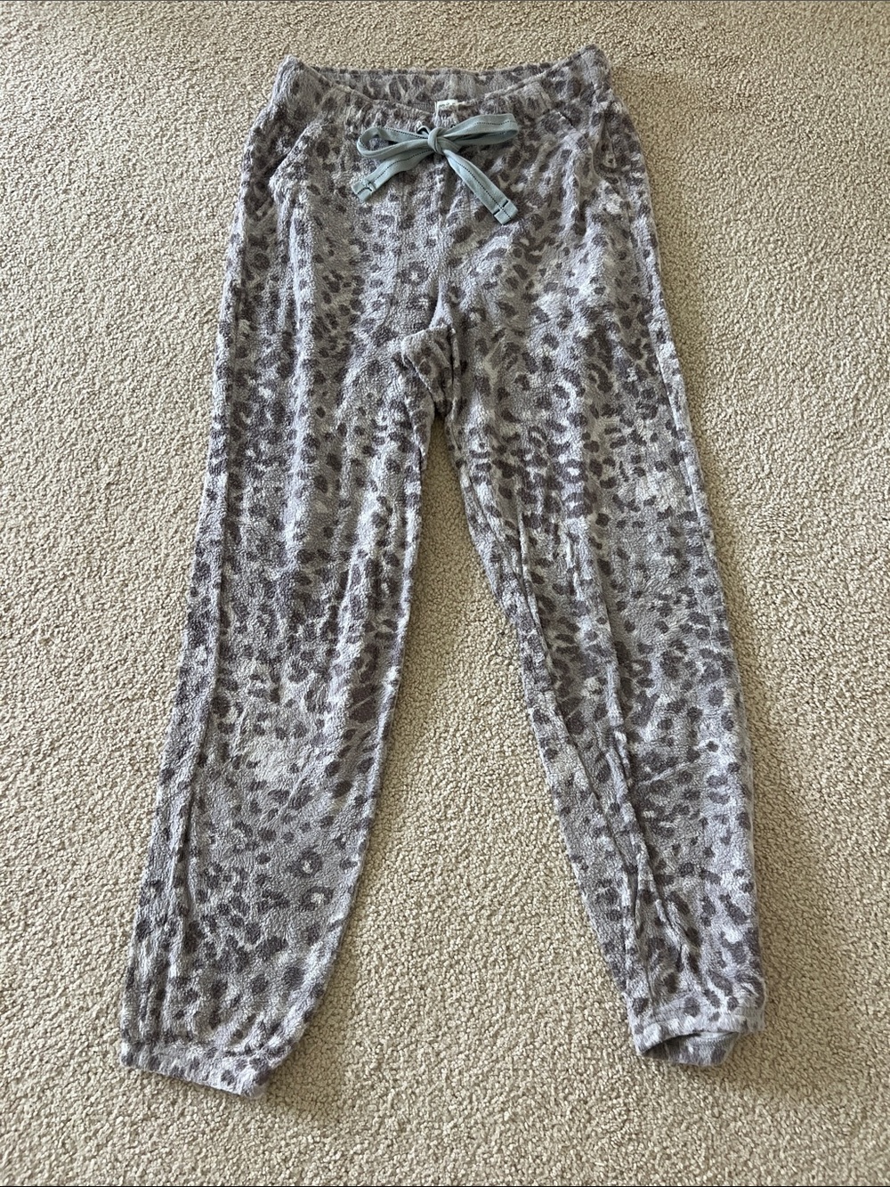 aerie Gray Leopard Print Plush Pajama Pants with Sage Drawstring
